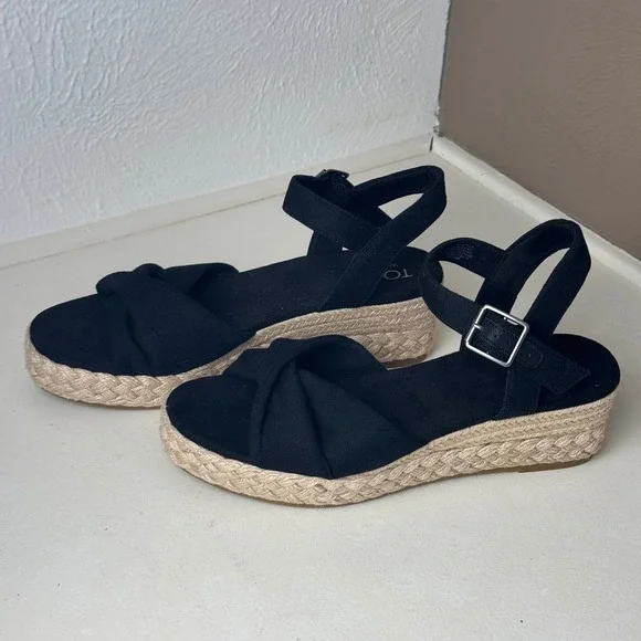 TOMS Diana Black Canvas Espadrille Wedge Sandals Women 9.5 Platform 10017931 - Picture 2 of 8
